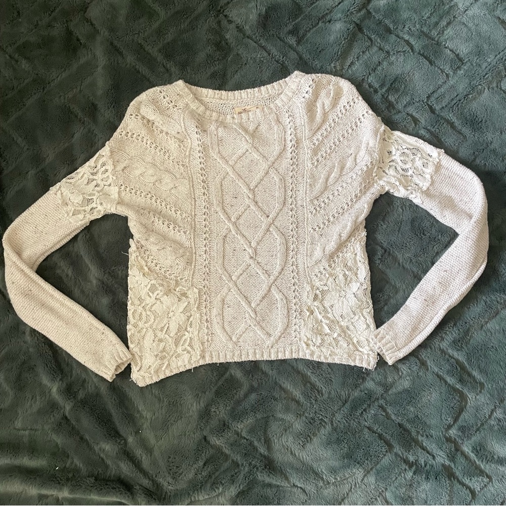 Women's Cream Cable Knit Lace Panel Sweater